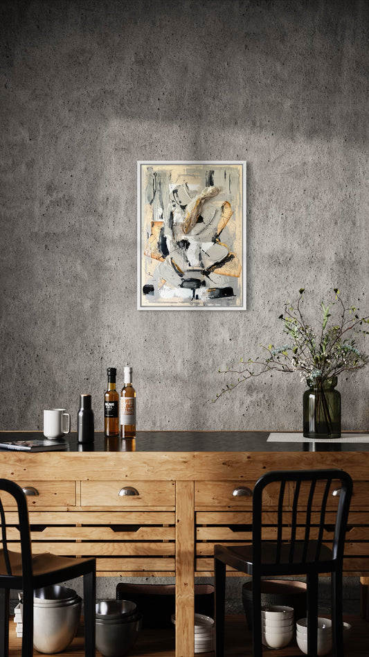 Discover the beauty of abstract with 'The Opposite is True'. Expertly crafted with mixed media ink, canvas, acrylics, and luxurious gold flakes, this modern art piece is sure to embellish any interior design. An exclusive and tasteful addition to any art collection.